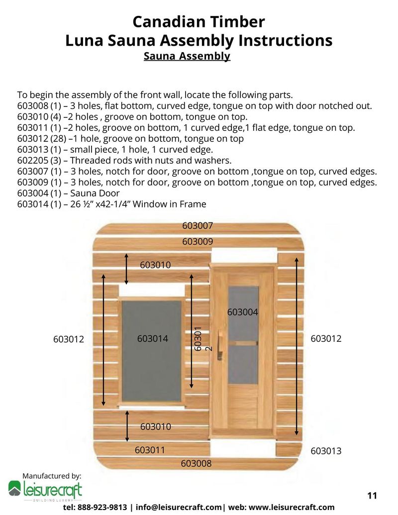 Detailed diagram showing front wall assembly with labeled parts including door opening, window opening, and part numbers