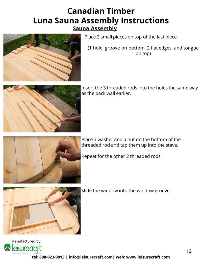 Wooden sauna staves being placed with hands visible working on assembly