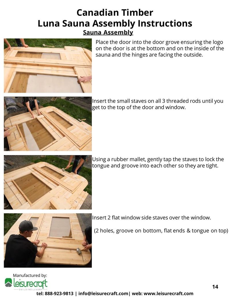 Person placing sauna door into the door groove with proper orientation