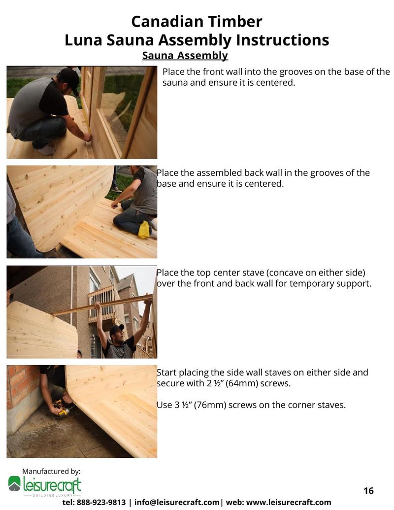 Person placing front wall into grooves on sauna base