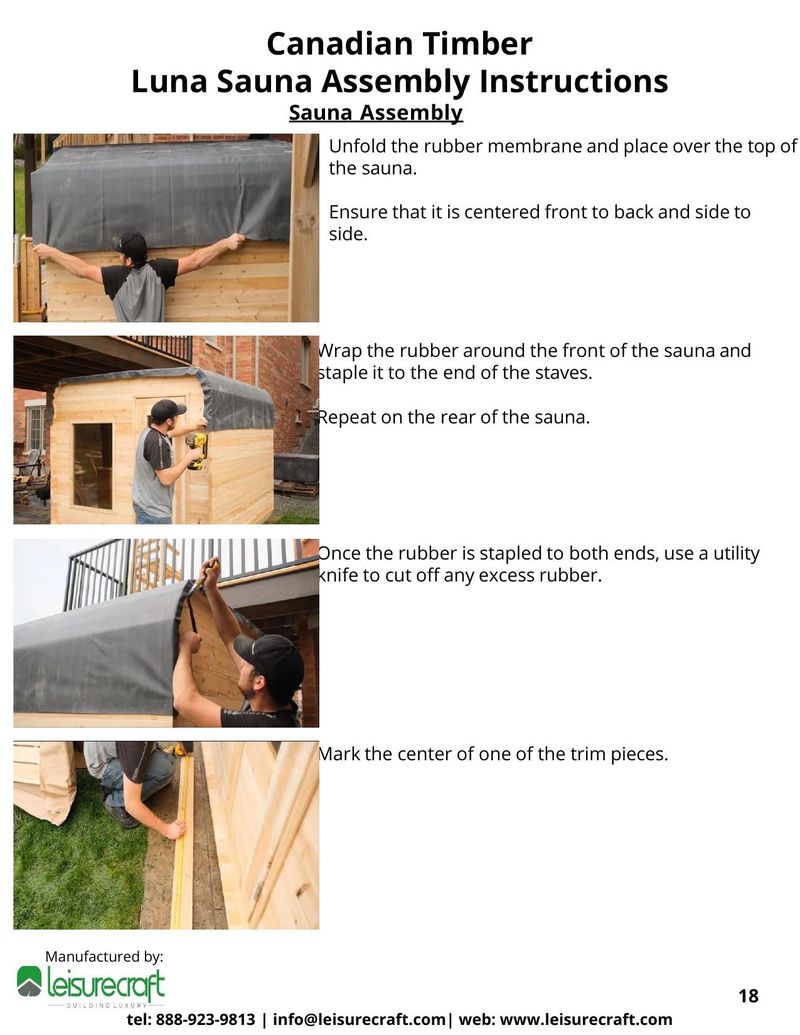 Person placing rubber membrane over sauna roof