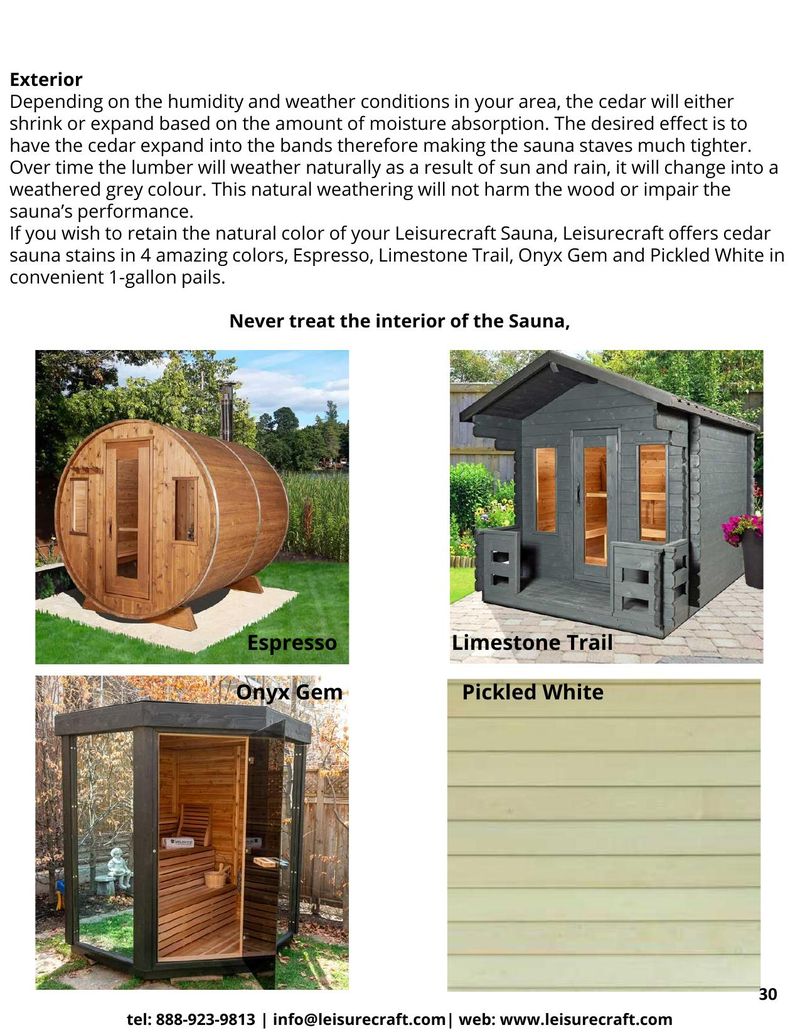 Four photos showing different stain colors: Espresso (barrel sauna), Limestone Trail (outdoor sauna), Onyx Gem (glass door sauna), and Pickled White (light colored wood siding sample)
