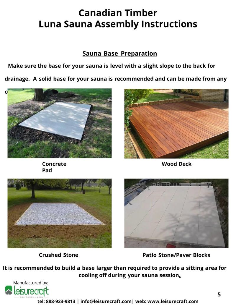 Four different sauna base options showing concrete pad, wood deck, crushed stone, and patio stone/paver blocks