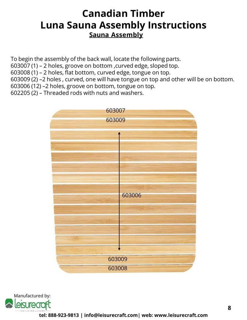 Diagram showing curved wooden staves labeled with part numbers 603007, 603009, 603006, and 603008 arranged to form a curved wall section